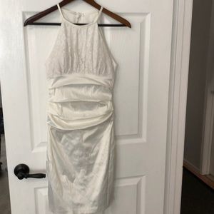 White lace and satin ruched cocktail dress